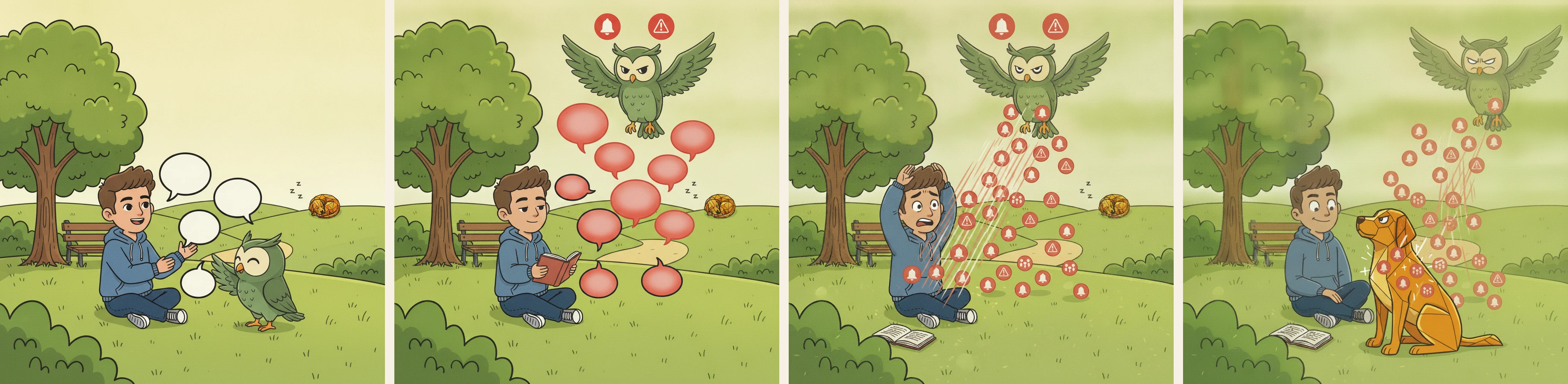 A four-panel comic: someone chats happily with laaby, then an owl bombards them with notification pings until they're overwhelmed - but with laaby the dog beside them, the alerts bounce off and they stay calm.
